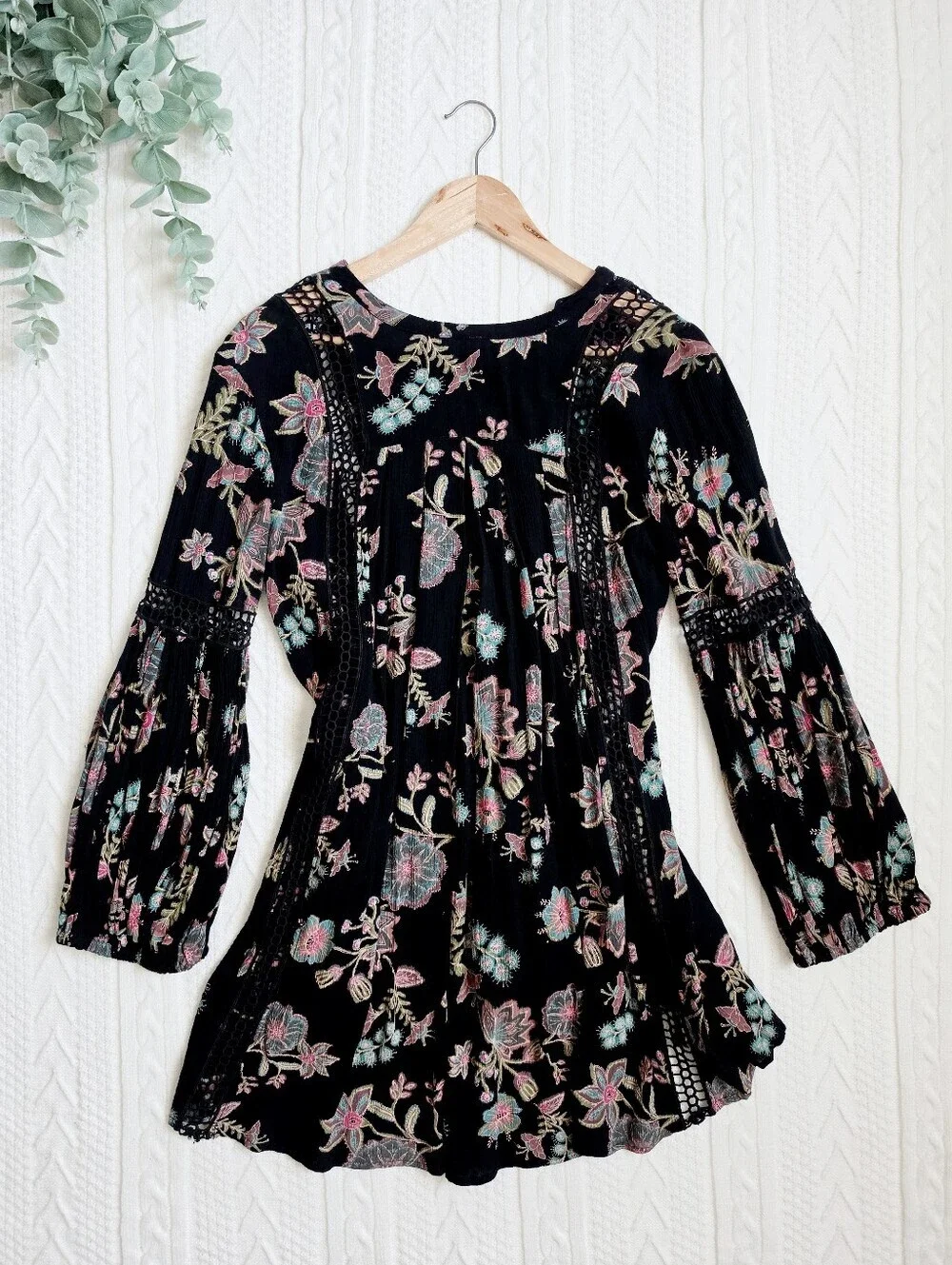 Free People Just The Two Of Us Top Tunic Dress Black Floral Botanical Women XS